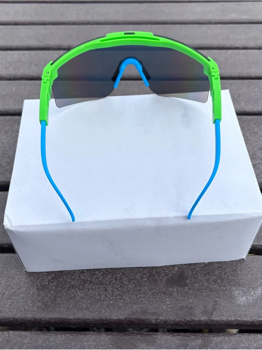 Men's Shield Sunglasses - Green Frame with Blue Nose Bridge